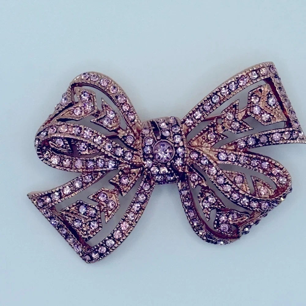 Kenneth Jay Lane KJL Art Deco Style PINK Rose Gold Rhinestone Bow Brooch Formal